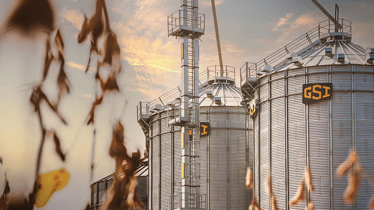 GSI Grain Bins with bean field